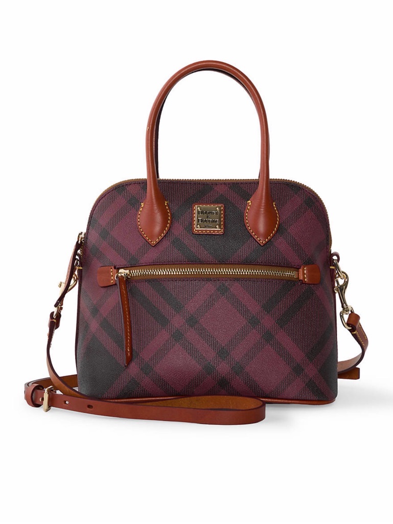 Dooney & Bourke Maroon Plaid Dome Satchel With Leather Trim